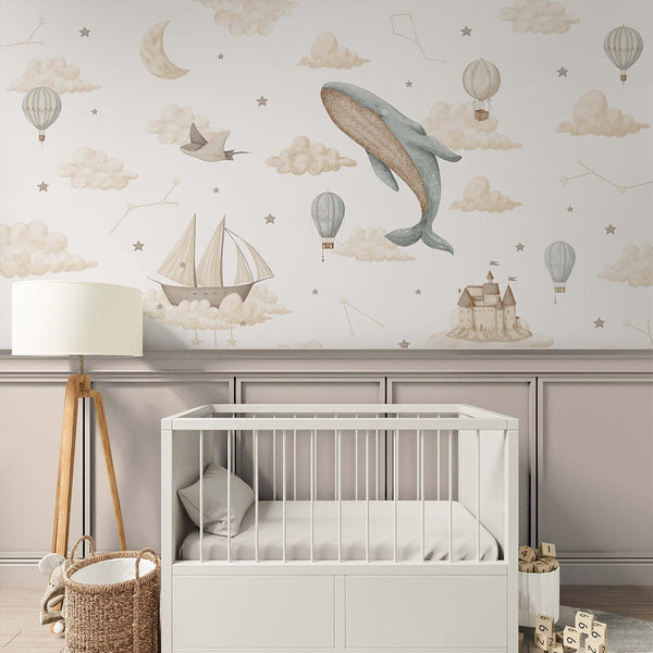 Whale Balloon Sky Cloud Wall Mural SM007 - CostaCover - Peel and stick Removable Wallpaper - accent wallpaper - adhesive wallpaper - air balloon