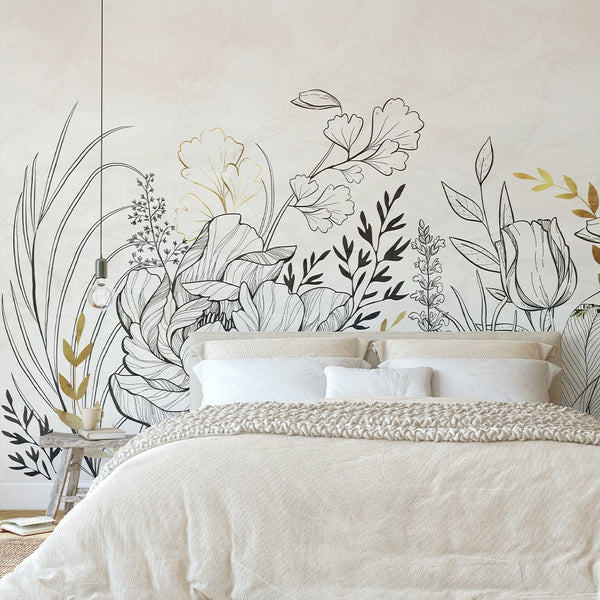 Black & Gold Flower Wall Mural CCM157 - CostaCover - Peel and stick Removable Wallpaper - Abstract - abstract floral - abstract lines