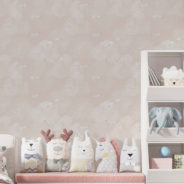 Beige Sky & Seagulls Wallpaper A107