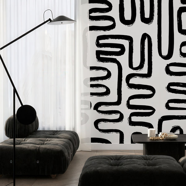 Detail of Black & White Lines Wall Mural showing hand-painted style with rough brush edges and varying pigment density. Perfect for creating a high-contrast accent wall in entryways or office spaces. Made in the USA with eco-friendly, high-quality materials for a striking visual impact.