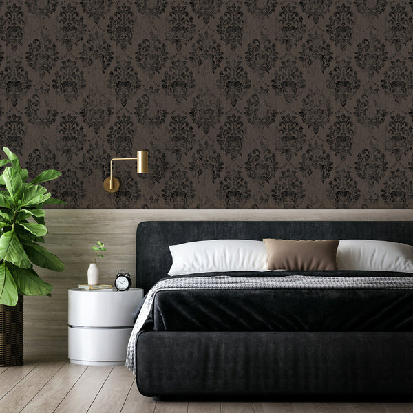 Pre-pasted wallpaper in dark taupe with vintage damask, offering a refined decorative backdrop for classic interiors.