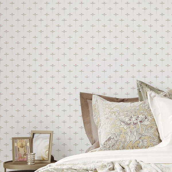 Floral wallpaper with tiny dusty pink blooms, muted green leaves and simple dotted stems on a crisp white background for modern interiors.