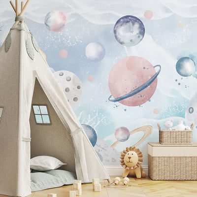 Blue Pink Planets in Space Wall Mural SM098