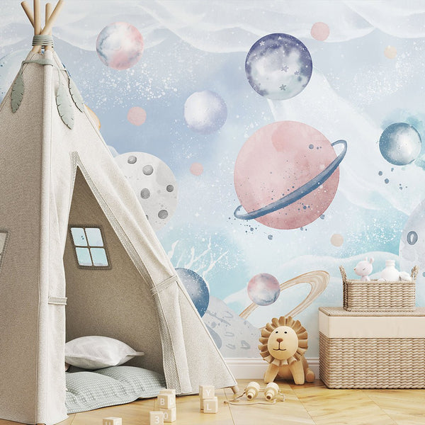 Blue Pink Planets in Space Wall Mural SM098 - CostaCover - Peel and stick Removable Wallpaper - accent wallpaper - adhesive wallpaper - baby bedroom