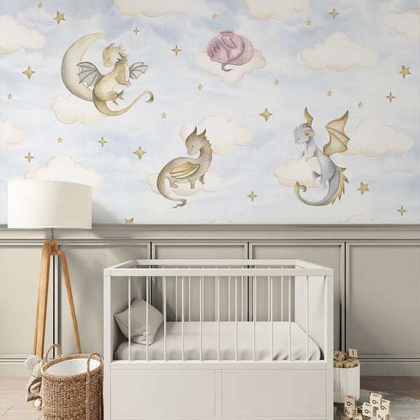 Blue Sky and Dragons Wall Mural SM034 - CostaCover - Peel and stick Removable Wallpaper - accent wallpaper - adhesive wallpaper - baby bedroom
