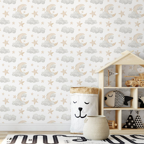 Clouds Moon & Stars Wallpaper S113 - CostaCover - Peel and stick Removable Wallpaper - abstract wall art - abstract wallpaper - accent wallpaper