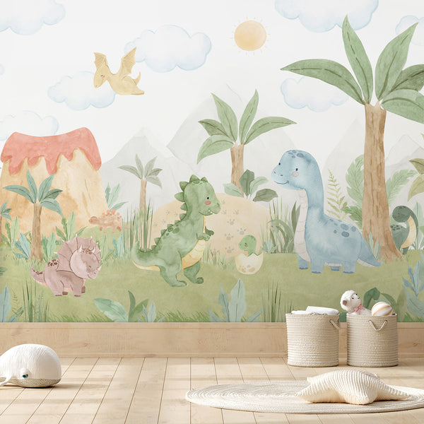 Cute dinosaur nursery wallpaper featuring watercolor dinosaurs, tropical palms, soft mountains and clouds in green, blue, beige and peach tones.