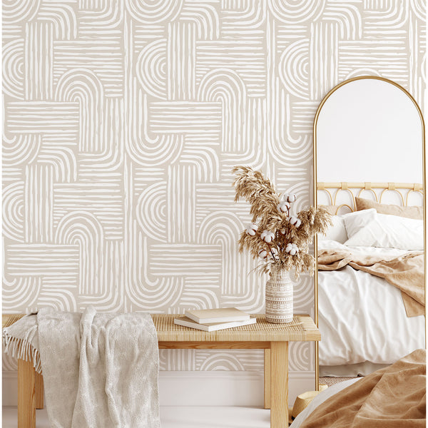Close-up of Beige Boho Wallpaper's rhythmic grid pattern featuring horizontal and vertical brush strokes on a beige background with off-white arcs. A great fit for modern minimalist interiors, this high-quality removable wallpaper is made in the USA and offers a smooth matte finish ideal for accent walls.