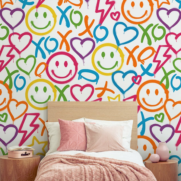 Colorful Smile Graffiti Wallpaper W171 - CostaCover-Peel and stick Removable Wallpaper-abstract wallpaper-accent wallpaper-adhesive wallpaper