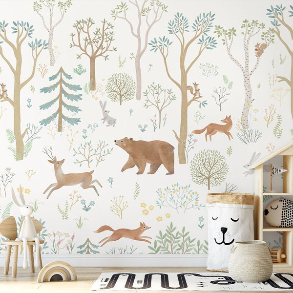 Beige Green Forest Animals Wall Mural SM014 - CostaCover - Peel and stick Removable Wallpaper - accent wallpaper - adhesive wallpaper - animal print