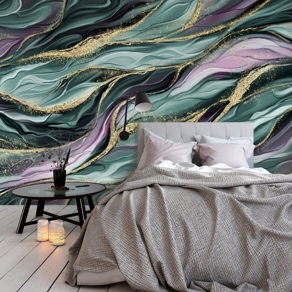 Green Purple Waves Wall Mural CCM121 - CostaCover - Peel and stick Removable Wallpaper - Abstract - abstract lines - abstract wall art