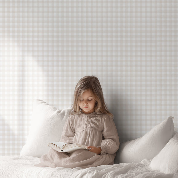 Beige plaid wallpaper featuring a soft neutral checkered pattern with layered horizontal, vertical, and diagonal lines on a clean white background.