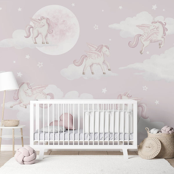 Pink Unicorns & Moon Wall Mural AM129 - CostaCover-Peel and stick Removable Wallpaper-accent wallpaper-adhesive wallpaper-baby bedroom