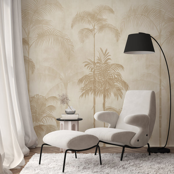 Beige tropical wall mural featuring graceful palm trees and misty botanical foliage for a minimalist bedroom or modern living room interior.