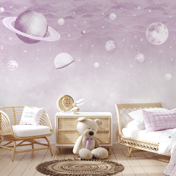 Lilac Planets in Space Wall Mural SM088 - CostaCover - Peel and stick Removable Wallpaper - accent wallpaper - adhesive wallpaper - baby bedroom