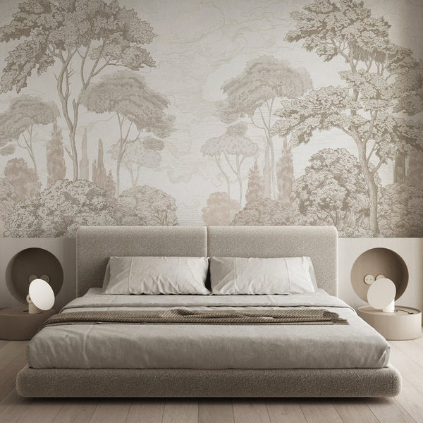Close-up of Vintage Forest Wall Mural with detailed contouring and foliage texture. The monochrome sepia palette and smooth matte finish suit traditional living rooms, offering removable peel and stick options for easy installation.