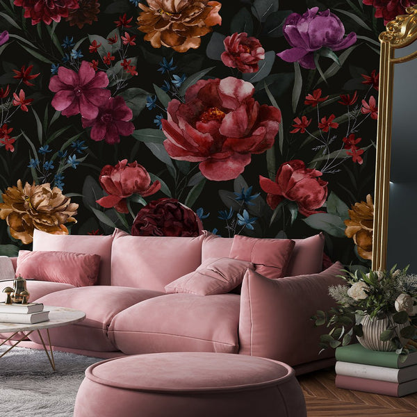 Dark Flowers Print Wall Mural SM027 - CostaCover - Peel and stick Removable Wallpaper - abstract wallpaper - accent wallpaper - adhesive wallpaper