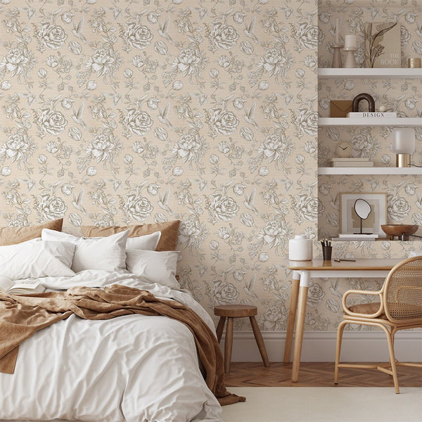 Flowers & Birds Beige Grasscloth Wallpaper CG009 - CostaCover - Traditional Wallpaper - bathroom wallpaper - bedroom wallpaper - beige