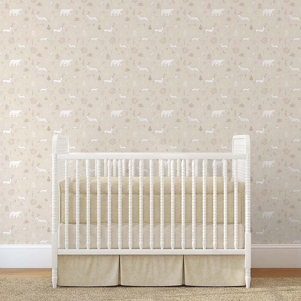 Beige White Forest Animals Wallpaper S037 - CostaCover - Peel and stick Removable Wallpaper - abstract lines - accent wallpaper - adhesive wallpaper