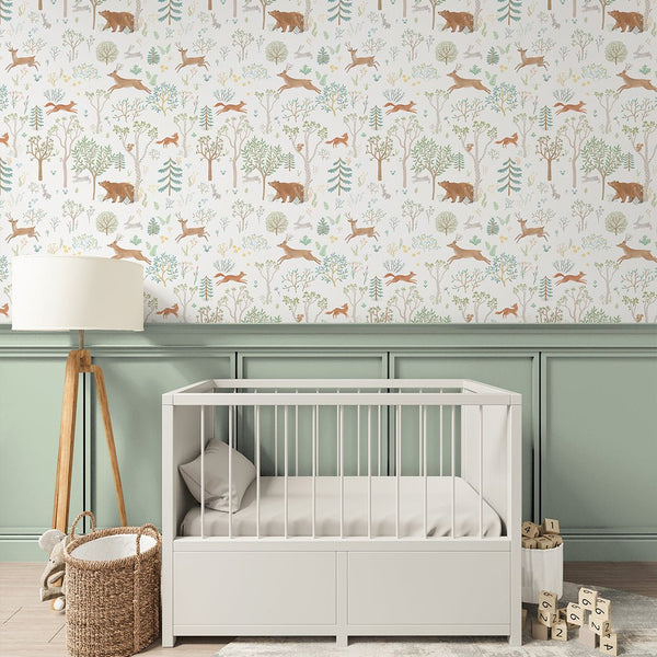 Beige Green Forest Animals Wallpaper S056 - CostaCover - Peel and stick Removable Wallpaper - accent wallpaper - adhesive wallpaper - animal print