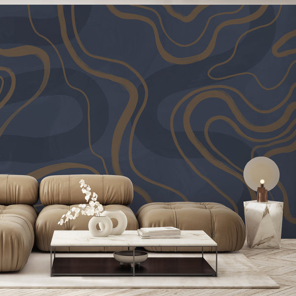 Minimalist navy wallpaper with sweeping warm brown lines and layered abstract shapes, ideal for a modern bedroom or living room wall.