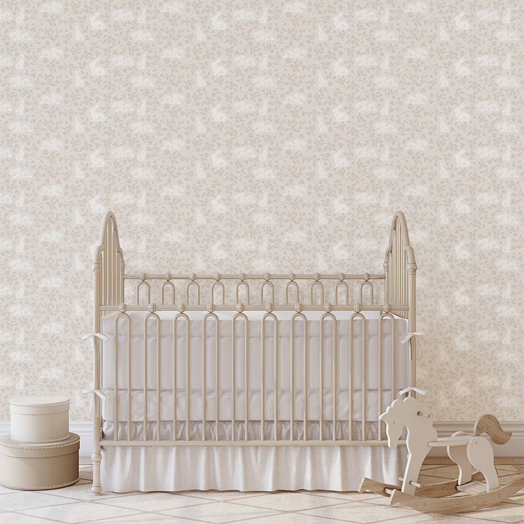Beige Floral Bunny Wallpaper W175