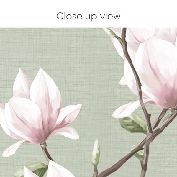 Close-up of sakura branches with pale pink magnolias on a sage green grasscloth background. This wall mural offers a calm, sophisticated look for bedrooms or nurseries, with its soft painterly details and woven texture. Ideal for renters and decorators, the removable peel and stick wallpaper is easy to reposition, blending seamlessly with Japandi decor.