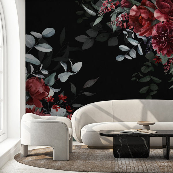 Dark Burgundy Flowers Bouquet Wall Mural SM031 - CostaCover - Peel and stick Removable Wallpaper - accent wallpaper - adhesive wallpaper - bathroom wallpaper