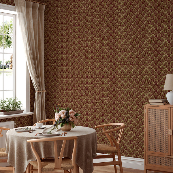 Burgundy Botanical Art Deco Wallpaper L019