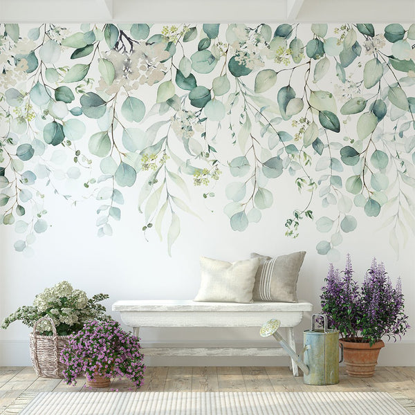 Eucalyptus and Flowers Wall Mural CCM135 - CostaCover - Peel and stick Removable Wallpaper - accent wallpaper - adhesive wallpaper - bathroom wallpaper