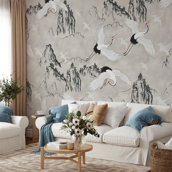 Chinoiserie Crane & Mountains Grasscloth Wall Mural CG003 - CostaCover - Traditional Wallpaper - accent wallpaper - bathroom wallpaper - bedroom wallpaper