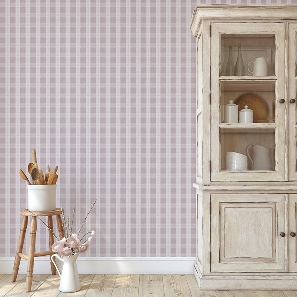Mauve checkered wallpaper featuring muted purple-pink blocks, pale ivory stripes, and delicate linear details for cottagecore or farmhouse interiors.