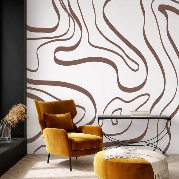 Minimalist brown line art wallpaper featuring large organic curves on a white background for a stylish modern bedroom or living room interior.