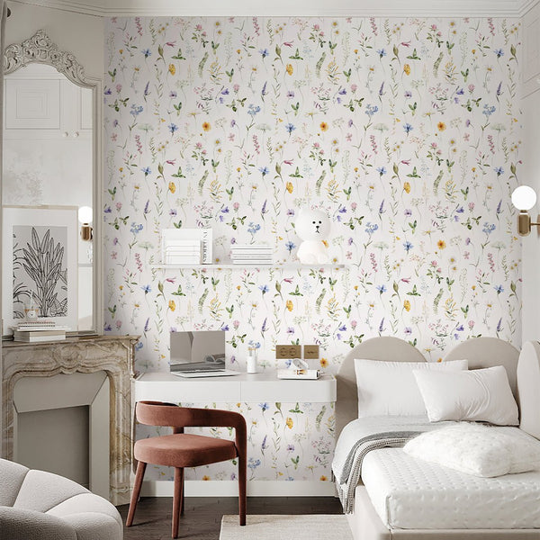 Colored Delicate Wildflowers Wallpaper S072 - CostaCover - Peel and stick Removable Wallpaper - accent wallpaper - adhesive wallpaper - baby bedroom