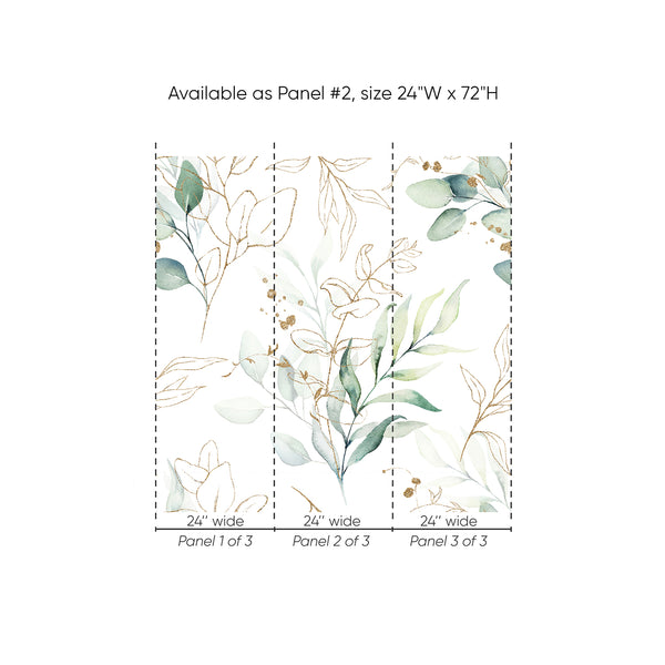 A detailed view of Eucalyptus Wallpaper showing botanical stems with gold-tone outlines over soft sage and grey hues. This self-adhesive wallpaper suits modern organic and minimalist decors, offering an easy-to-use, temporary solution for decorators and renters aiming to create a tranquil living area.