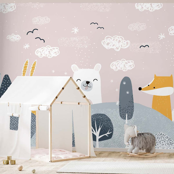Pink Blue Cute Animal Wall Mural AM110 - CostaCover - Peel and stick Removable Wallpaper - accent wallpaper - adhesive wallpaper - animal print