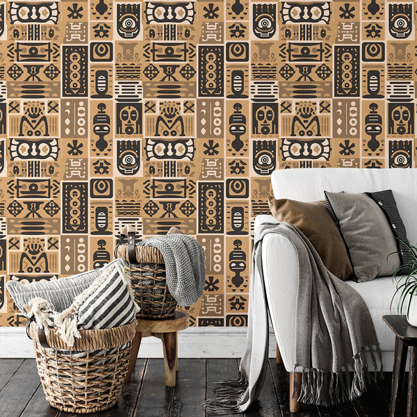Beige Brown African Symbols Wallpaper W162 - CostaCover - Peel and stick Removable Wallpaper - abstract wallpaper - accent wallpaper - adhesive wallpaper