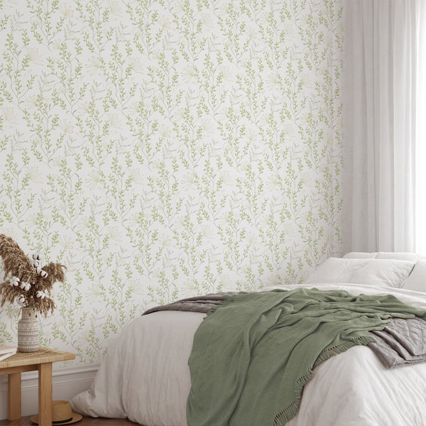 Green Wildflowers Wallpaper W046 - CostaCover - Peel and stick Removable Wallpaper - accent wallpaper - adhesive wallpaper - art deco bathroom