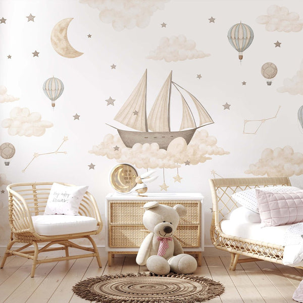 Ship Moon Cloud Star Wall Mural SM008 - CostaCover - Peel and stick Removable Wallpaper - accent wallpaper - adhesive wallpaper - air balloon