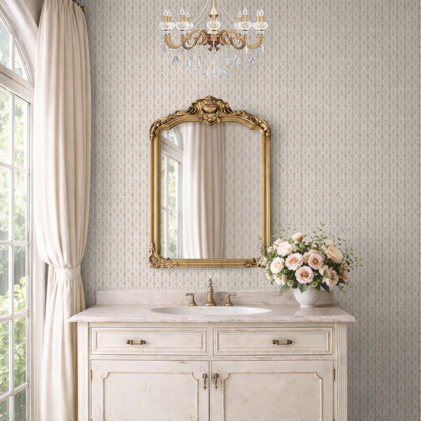 Intricate damask sprigs with papery texture, perfect for enhancing farmhouse interiors with a classic touch.