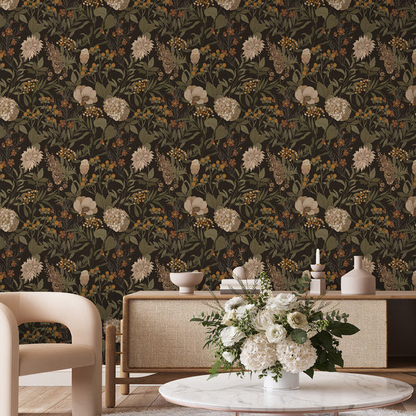 Dark floral wallpaper with a continuous pattern of stylized flowers, offering a sophisticated look for entryways.
