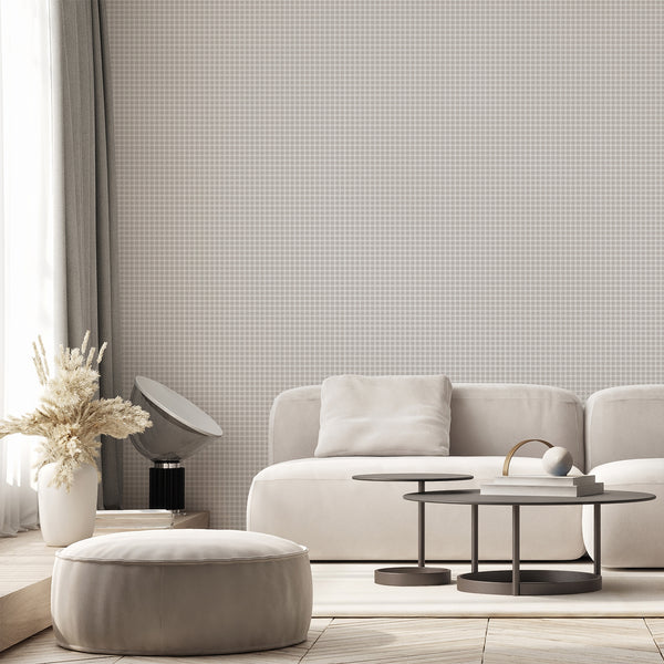 Modern gray trellis wallpaper with a repeating geometric pattern in white, creating a sophisticated neutral look for minimalist home interiors.