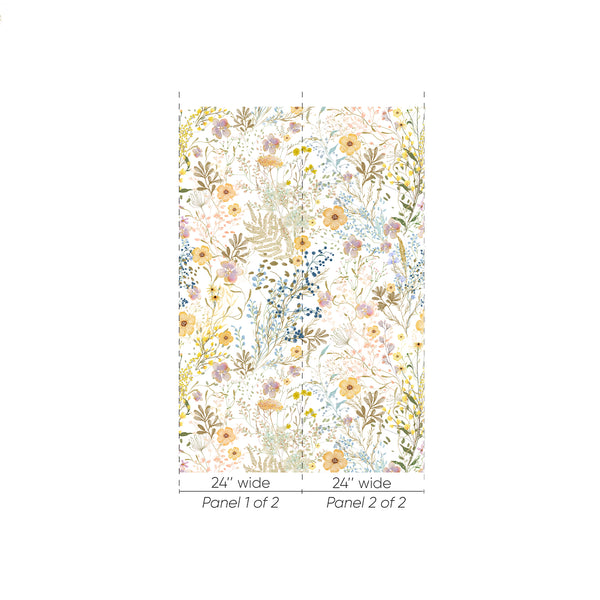 Close-up of Wild Floral Wallpaper featuring translucent watercolor washes and fine petal veining. Ideal for lively home decor in spaces like bedrooms or home offices. Easy to apply and reposition with eco-friendly, high-quality materials for a fresh, vibrant look.