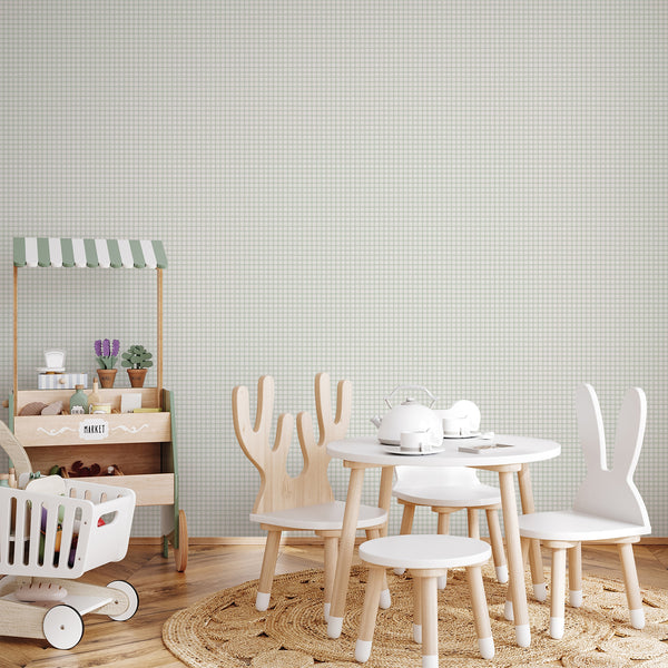 Sage green geometric peel and stick wallpaper with a decorative trellis pattern, ideal for a neutral bedroom, living room or home office.