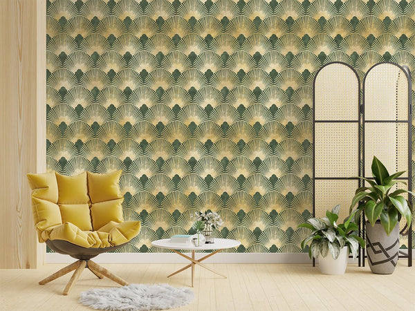 Green & Gold Effect Art Deco Wallpaper CC306 - CostaCover - Peel and stick Removable Wallpaper - Abstract - abstract wallpaper - accent wallpaper