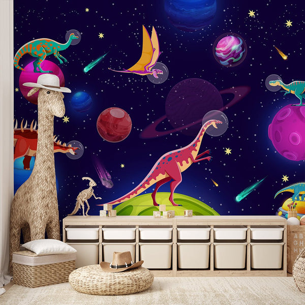 Dinosaurs in Space Wall Mural SM096 - CostaCover - Peel and stick Removable Wallpaper - accent wallpaper - adhesive wallpaper - bathroom wallpaper