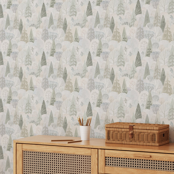 Sage green nursery wallpaper with delicate watercolor evergreen trees, abstract forest foliage and subtle bird illustrations on a warm ivory background.