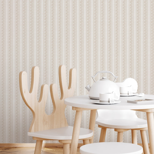 Beige botanical wall mural with slim vertical floral stripes, soft taupe flowers, and a light textured background for elegant nursery wallpaper or bedroom walls.