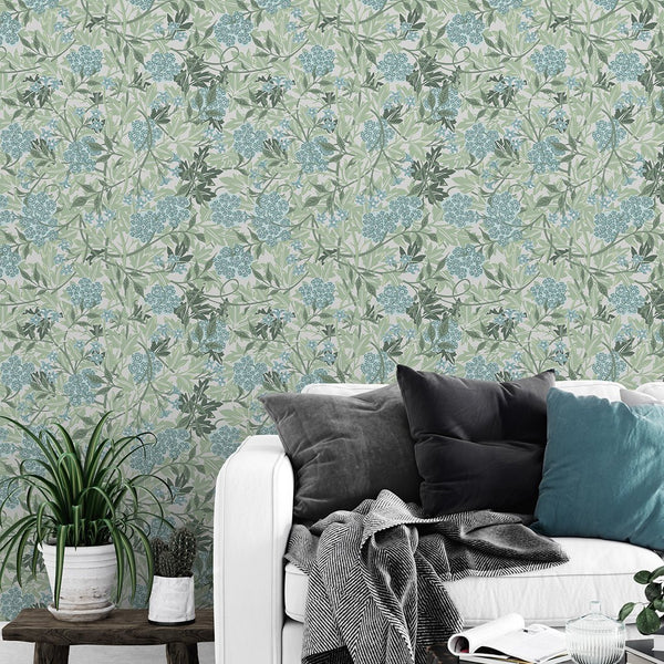 Green & Blue Jasmine by Morris Wallpaper W107 - CostaCover - Peel and stick Removable Wallpaper - abstract floral - abstract wall art - abstract wallpaper