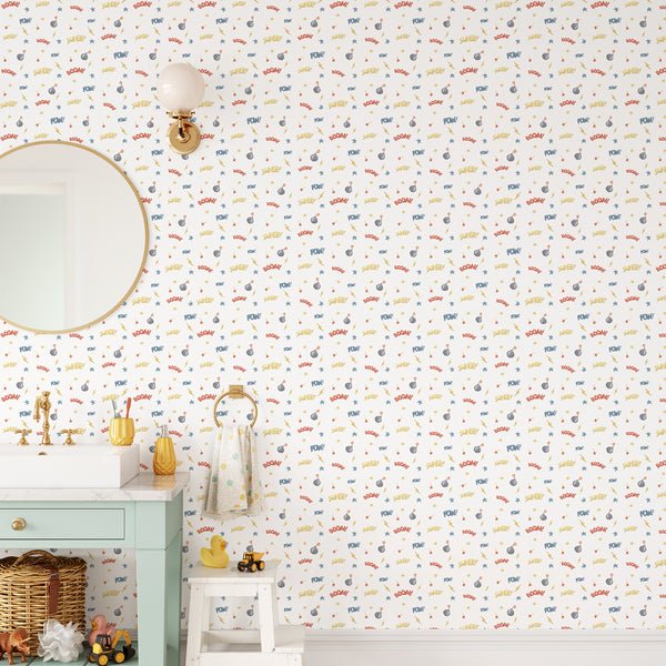 Boys room wallpaper featuring watercolor superhero symbols including a dark gray bomb and bold yellow lightning bolt on a white background.